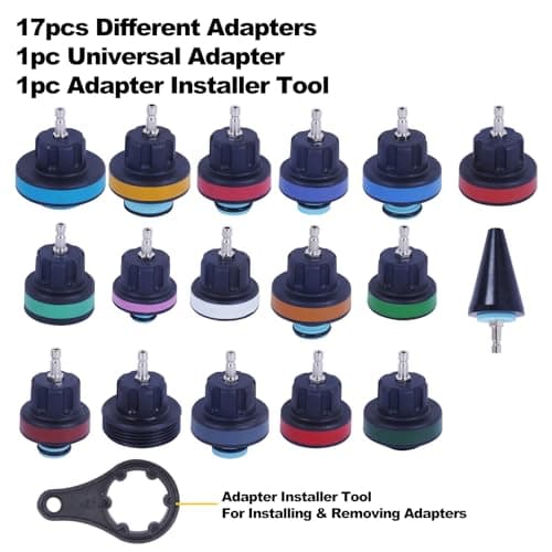 28pcs Universal Radiator Pressure Tester Kit, Tester Pneumatic Vacuum Cooling System Purge Refill Leak/Refiller Set, Universal Automotive Domestic/Import Vehicles, Motorcycle