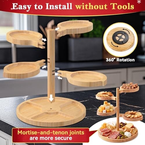 Tiered Charcuterie Board Gift for Women: Bamboo 360° Rotating Round Base with 4 Swivel Trays - White Elephant Gift, Holiday Hosting, Christmas, Birthday, Parties, House Warming Gift for Couples