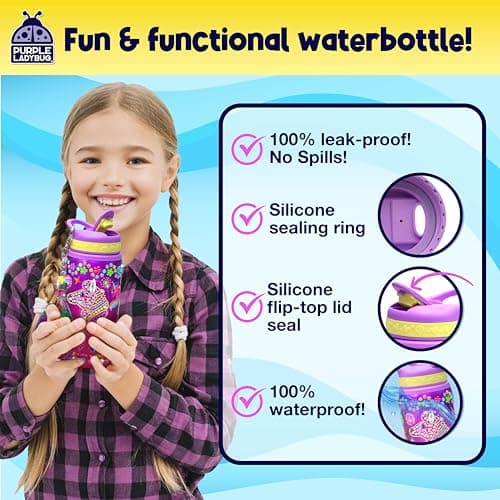PURPLE LADYBUG Decorate Your Own Water Bottle Kit for Girls - Gifts for Ages 5 6 7 8 9 10 Year Old Girl Birthday, Girl Christmas Gifts Unicorn Toys Crafts Kids Ages 6-12