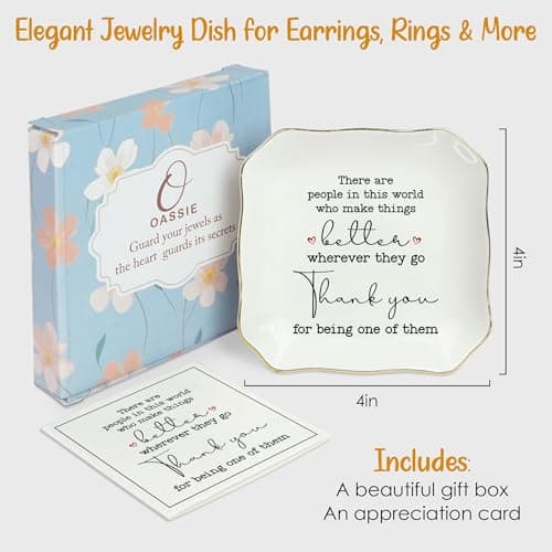 OASSIE Thank You Gifts for Women - 4"x4" Ceramic Jewelry Dish Tray - Birthday Appreciation Inspirational Gifts for Women Coworker Teacher Friends Employee