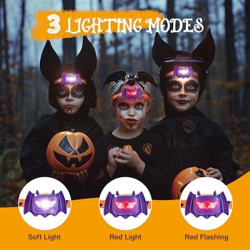 EverBrite Halloween Bat Headlamps Halloween Gifts,3 Modes Head Lamps with Warm/Red/Strobe Lights, Headlights for Halloween Party and Decorations 2 Pack
