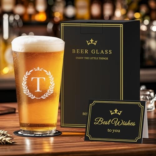 Personalized Beer Glasses Gifts for Men, 16 oz Pint Glasses Monogrammed A-Z Drinking Glass Cups Customized Gift, Unique Christmas Anniversary Birthday Gifts for Men Him Dad Brother Husband Grandpa (T)