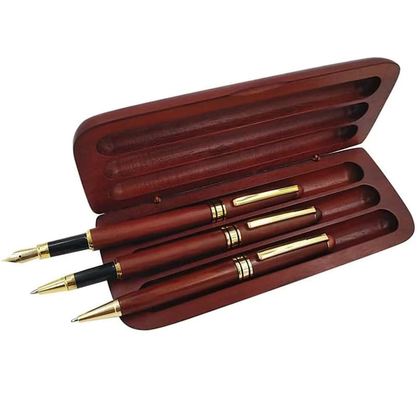 3 Pcs Wooden Pens Set with Gift Case/Best Writing Fountain Fancy Ballpoint Pen and Luxury Gel Pen with Ink Refills, Promotional Business Designer Pens