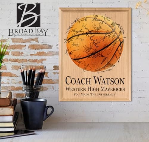 Basketball Coach Gift Plaque - Coaches Recognition Award Trophy - SIGNABLE PERSONALIZED For Team Signatures & Thank You Notes - Solid Wood - 8.5in x 11in x .75in (Basketball Coach)