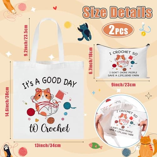 Y1tvei Cartoon Cat Canvas Bags - 2Pcs It’s A Good Day to Crochet Canvas Tote Bag Makeup Pouch, Reusable Grocery Folding Shopping Handbag, Knitting Crocheting Funny Gifts for Knitter Crocheters Women