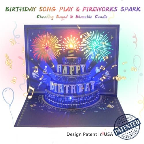 UPGRADED 3D Pop Up Firework Birthday Cards, Musical LED Lights Birthday Cards with Blowable Birthday Cake, Greeting Cards, Birthday Gifts for Mom Women Men Kids Child Dad Father Wife