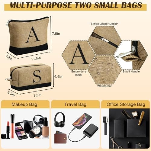 YOOLIFE Christmas Gifts for Women - Initial Jute Tote Bag & 2 Makeup Bags Personalized Gifts for Women Teacher Mom Friend