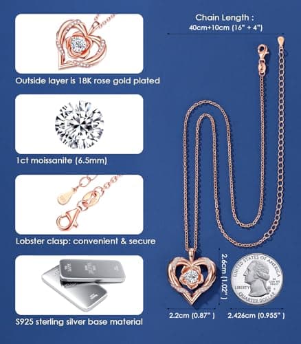 Rose Flower Heart Moissanite Necklaces for Wife, S925 Silver Pendant for Women, 18K Gold Plated Jewelry for Her Girlfriend Mom for Anniversary Birthday