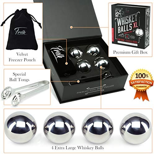 Gifts for Him - Men Dad Husband - 4 XL Stainless Steel Whisky Ice Balls, Special Tongs & Freezer Pouch in Luxury Gift Box for Whiskey Lovers!