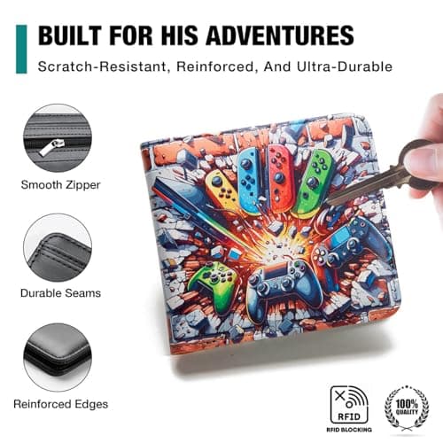 Kids Wallet for Boys, Boys Wallet for Kids Ages 4-5-6-7-8-9-10-11-12-13-14-15-16, Leather Wallet for Teen Boy, Christmas Birthday Gift Stocking Stuffer for Video Game Gaming Gamer Teenage Teenager