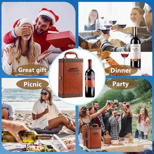 Wine Gift Box with 4 Wine Accessories Set,Portable Two Bottle Wine Carrier Case for Christmas,Wedding, Anniversary, Party,Vintage Leather Wine Storage Box for Home Bar Decor and Wine Collection