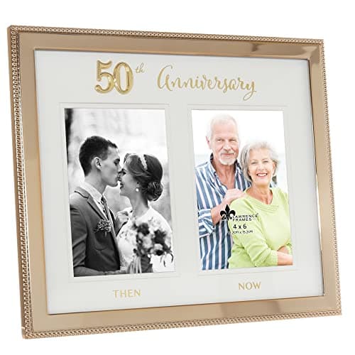 Lawrence Frames 4x6 Double Gold Beaded Metal 50th Anniversary Picture Frame, Then and Now