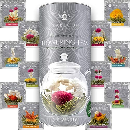 Teabloom Complete Glass Tea Set – Teapot (40 oz), Loose Tea Infuser, 4 Insulated Teacups, Tea Warmer with Candlelight, and 12 Flowering Teas – Elegant Blooming Tea Gift Set
