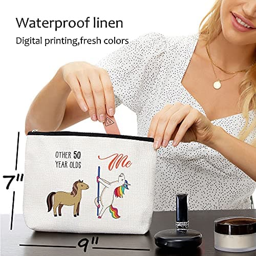 Blue Leaves 50th Birthday Gifts for Women - 1975 Birthday Gifts for Women, 50 Years Old Birthday Gifts Makeup Bag for Mom, Wife, Friend, Sister, Her, Colleague, Coworker(Makeup bag-50th Unicorn)