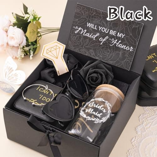 4 Sets Black Bridesmaid Proposal Gifts, Maid of Honor Gift Includes Wedding Gift Box Jewelry Box Makeup Bag Bracelet Foam Flower Invited Card Glasses Cup Hair Tie for Bridal Shower Bachelorette Party