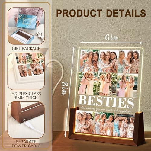 Personalized Best Friend Birthday Gifts for Women, Custom Acrylic Plaque Printed Walnut Picture Frame With LED Night Light, Personalized Christmas Gifts for Friendship, Friend, Women, Besties, BFF