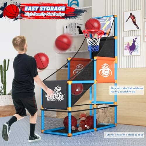 Arcade Basketball Game Set Boy Toys: Indoor Basketball Hoop with 4 Balls Outdoor Sports Toy for Kids 3-12 Years Old Adjustable Height with Air Pump Kid Party Games Birthday Gifts for Boys Girls Teens