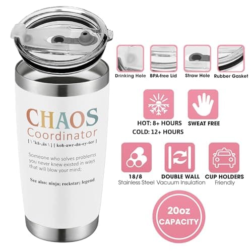 Thank You Gifts for Women, Boss Lady, Coworkers, Manager, Office, Teacher, Nurse, Mom, Her - Chaos Coordinator Gift Ideas - Valentines, Birthday Drinking Cup - 20 Oz Stainless Steel Tumbler