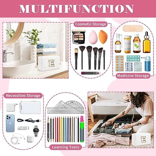 Small Personalized Initial A-Z Preppy Patch Makeup Bag,White PU Chenille Letter Travel Cosmetic Pouch with Zipper,Cute Toiletry Bag,Gift Ideal for Teen Girls Women Teacher Bridesmaid,Letter E