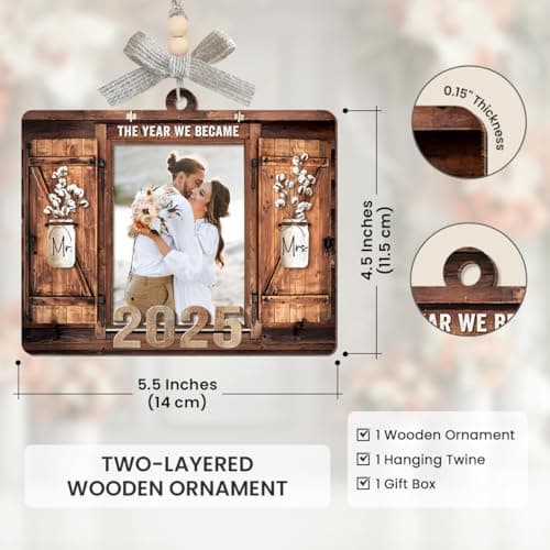 Personalized Wedding Gifts for Couples 2025 - Marriage Customized Wood Ornaments with Photos, Bridal Shower Gifts for Bride, Mr and Mrs Engagement Gift, Personalized Picture Frame