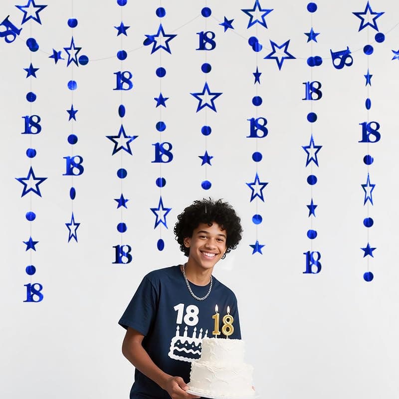 Blue 18th Birthday Garland Blue 18 Circle Dot Twinkle Star Streamer Happy Birthday Hanging Bunting Banner Backdrop for Boys Time to Adult 18 Years Old Party Decorations 30 Feet