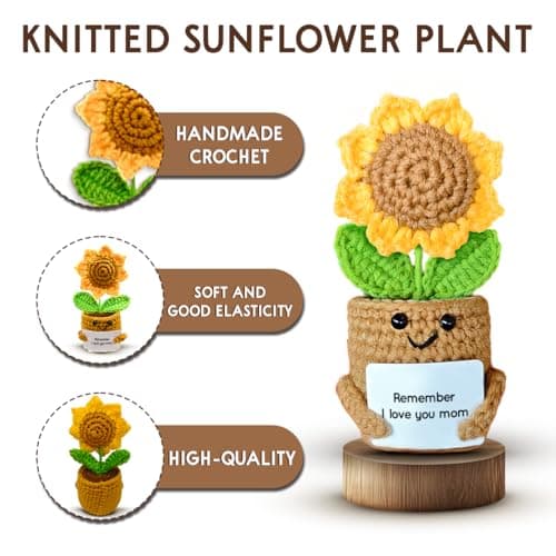 Mini Sunflower Mom Gifts from Daughter Son Kid, Handmade Crochet Mothers Day Christmas Birthday Gift with Card, Remember I Love You Mom, Positive Emotional Present, Cute Small Stuff Things