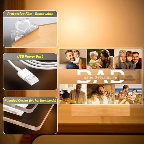 Personalized Gifts for Dad from Daughter Son, Custom Picture Frames with Photos, Customized Photo Frame with Night Light, Personalized Dad Gifts for Birthday Fathers Day Christmas
