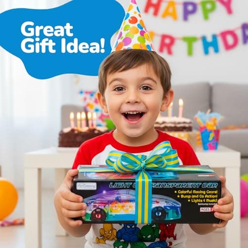 ArtCreativity Light Up Transparent Sensory Car Toy for Kids, 1PC, Bump and Go Toy Car with Colorful Moving Gears, Music, and LED Effects, Easter Toys for Toddlers, Great Birthday Gift Idea