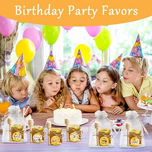 Aliggbent 48 Pack Mini Honey Jars Party Favors in Bulk, 1.5 oz Small Hexagon Glass Honey Jars with Dippers, Lids, Cute Stickers, Bee Charms, Gift Bags and Jute for Baby Showers, Weddings & Birthdays