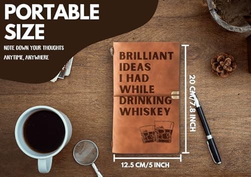 InnoBeta Whiskey gifts Leather Journal Notebook with Pen, for Whiskey Lovers, Men, Women on Birthday, Refillable Sketchbook, Travel Diary, Lined Planner, 7x5 Inches, Brown