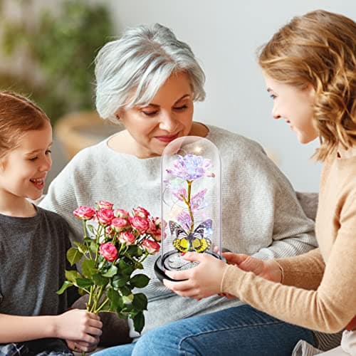 Birthday Gifts for Women Mom, Galaxy Glass Rose Forever Eternal Crystal Flower Light Up Rose in Glass Dome with Butterfly Mothers Day Christmas Rose Gifts for Her Wife Daughter Friends Colorful