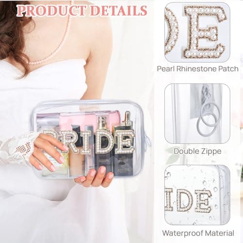 Etercycle Bride Clear Makeup Bag, Bridal Shower Gifts Engagement Cosmetic Bag, Bling Pearl Rhinestone Letter Patches Waterproof PVC Travel Organizer for Women Wedding Bachelorette Party (Gold)