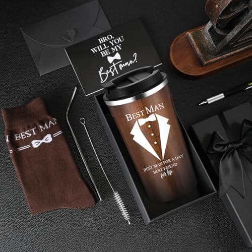 Nuanchu 6 Pcs Best Man Gifts Wedding Proposal Gift for Best Man Groomsman 17oz Office Cup Tumbler Socks Multi Tool Ballpoint Pen with Greeting Card Envelope(Wood Color)