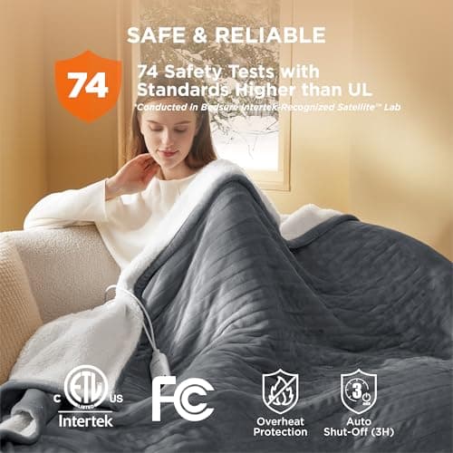 Bedsure Heated Blanket Throw Blanket - Fast Heating Electric Blanket, GentleSoft Flannel Heated Throw with 4 Time Settings, 6 Heating Settings, Warm Gifts for Grandma (50x60 inches, Grey)