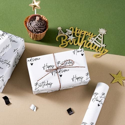 WRAPAHOLIC Birthday Wrapping Paper for Men - Mini Roll - 17 Inch x 16.5 Feet - Happy Birthday Handsome Design for Special Friend, Boyfriend, Husband