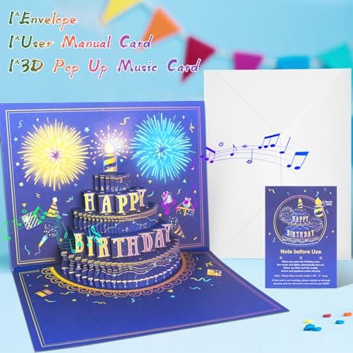 UPGRADED 3D Pop Up Firework Birthday Cards, Musical LED Lights Birthday Cards with Blowable Birthday Cake, Greeting Cards, Birthday Gifts for Mom Women Men Kids Child Dad Father Wife