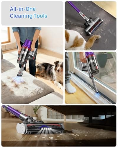 Cordless Vacuum Cleaner - Powerful Stick Vacuum with HEPA Filter, 55-Min Runtime, LED Light, Anti-Tangle Brush, Detachable Battery, Lightweight for Home, Pet Hair, Carpets & Hard Floors