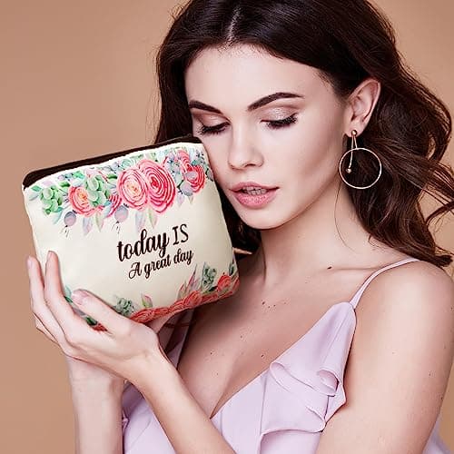 Pinkunn 16 Pcs Canvas Makeup Bags Bulk Inspirational Gift Quotes Cosmetic Bags with Zipper Encouragement Travel Toiletry Pouch Appreciation Gift for Women Girls Birthday Party Favors(Flower)