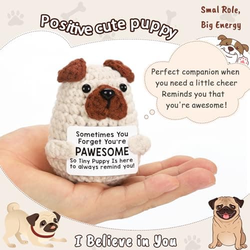 Positive Crochet Animals Puppy for Mom Women Friend Birthday, Emotional Inspirational Support Presents for Pet Lover Dog Mom Dad, Cute Handmade Tiny Pug Plush Doll