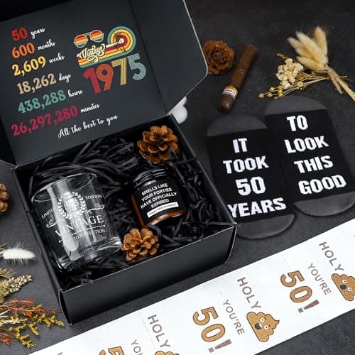 50th Birthday Gifts for Him Cool Gifts for 50 Year Old Man Happy 50th Birthday Decorations for Men Vintage 1975 Wine GlassToilet Paper Roll Novelty Socks Funny 50 Year Old Gift ideas for Mens