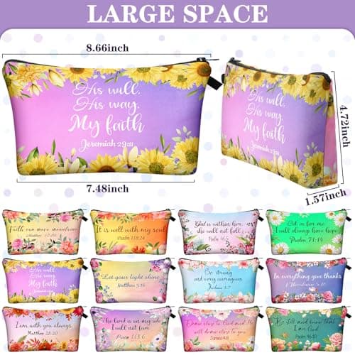 Chunful 12 Pcs Inspirational Christian Gifts Religious Makeup Bags Bulk for Women Bible Verse Flower Cosmetic Bag Thanksgiving Christmas Gift for Church Ladies, 7.48 x 4.72 Inch(Stylish)