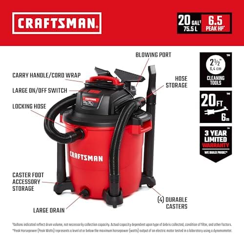 CRAFTSMAN CMXEVBE17596 20 Gallon 6.5 Peak HP Wet Dry Vac, Heavy-Duty Shop Vacuum Wet and Dry with Filter, Dust Bag, Hose and Attachments for Shop, Garage, Jobsite Cleaning