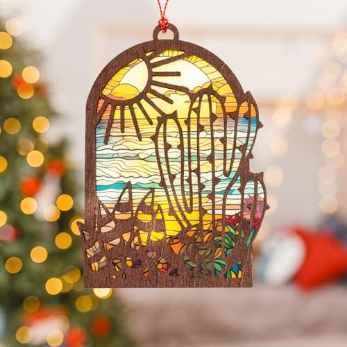 Arizona Gifts Cactus Ornament – Southwestern Decor Handmade Wooden Christmas Ornaments 2025, Unique Cactus Decor with Sun Desert Scene, Rustic Holiday Gift Idea for Home Tree Decoration