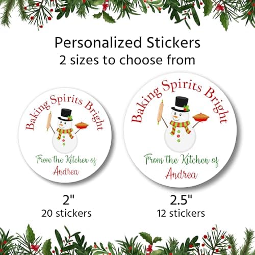 Personalized Christmas Gift Stickers for Baked Goods | Sheet of 20 2" or 12 2.5" Circle Labels | Holiday Cookies and Treat Labels Customizable (Baking Spirits Bright 1)