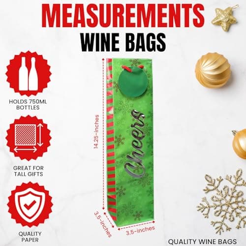 Iconikal 6-Pack Christmas Wine Bottle Gift Bags, Heavy-Duty with Ribbon Handles, Assorted Holiday Designs - Ideal for Festive Xmas Gifting, Parties & Bulk Wrapping