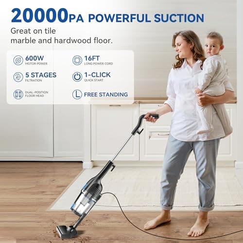 Vazone R6X Corded Stick Vacuum Cleaners for Home, 30Kpa Powerful Suction Stick Vacuum with 16Ft Cord, 2 in 1 Lightweight Handheld Vacuum Cleaner for Hardwood Floor Pet Hair