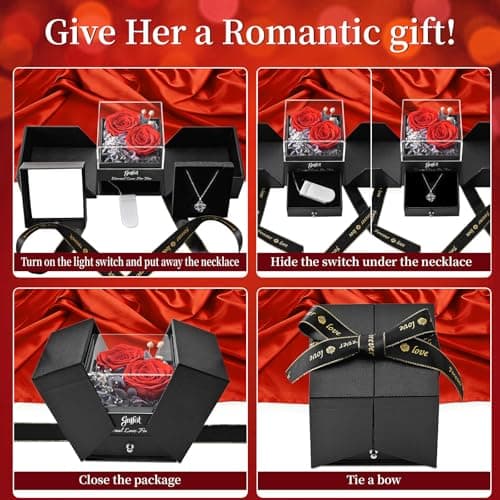 2 Preserved Rose Gift for Women - Eternal Rose with I Love You Necklace - Romantic Birthday Gifts for Girlfriend Mom Her Wife Grandma on Valentines Mothers Day Anniversary Christmas-Red