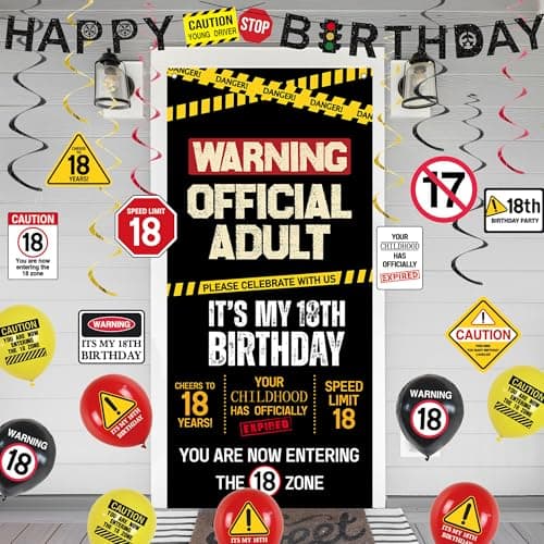 Roetyce 18th Birthday Decorations for Boys Girls, Caution Logos Happy 18th Birthday Banner Backdrop Balloons Hanging Swirls Kit, 18 Years Old Party Yard Door Wall Cover Background