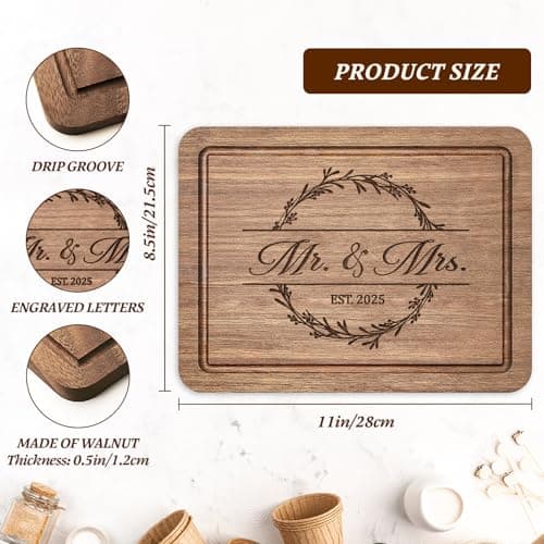 Craftique Wedding Gifts for Couples 2025, Bridal Shower Gifts- Walnut Wood Cutting Board Engraved with Mr. and Mrs. EST. 2025- Mr and Mrs/Wedding/Engagement Gift for Newlyweds Bride and Groom