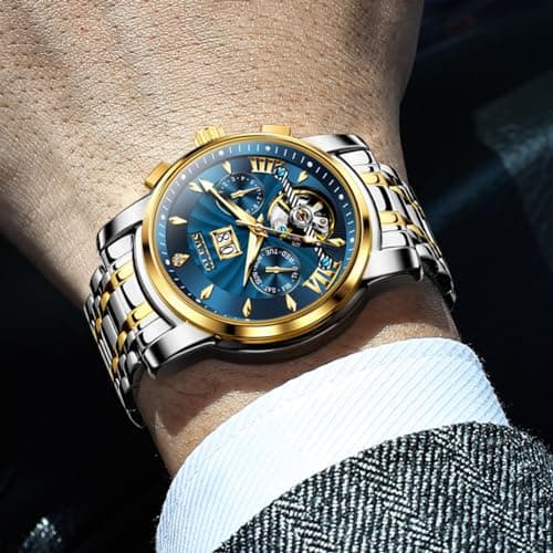 OLEVS Men Automatic Watch Stainless Steel Skeleton Mechanical Date Calendar Luxury Classic Business Waterproof Luminous Wrist Watches